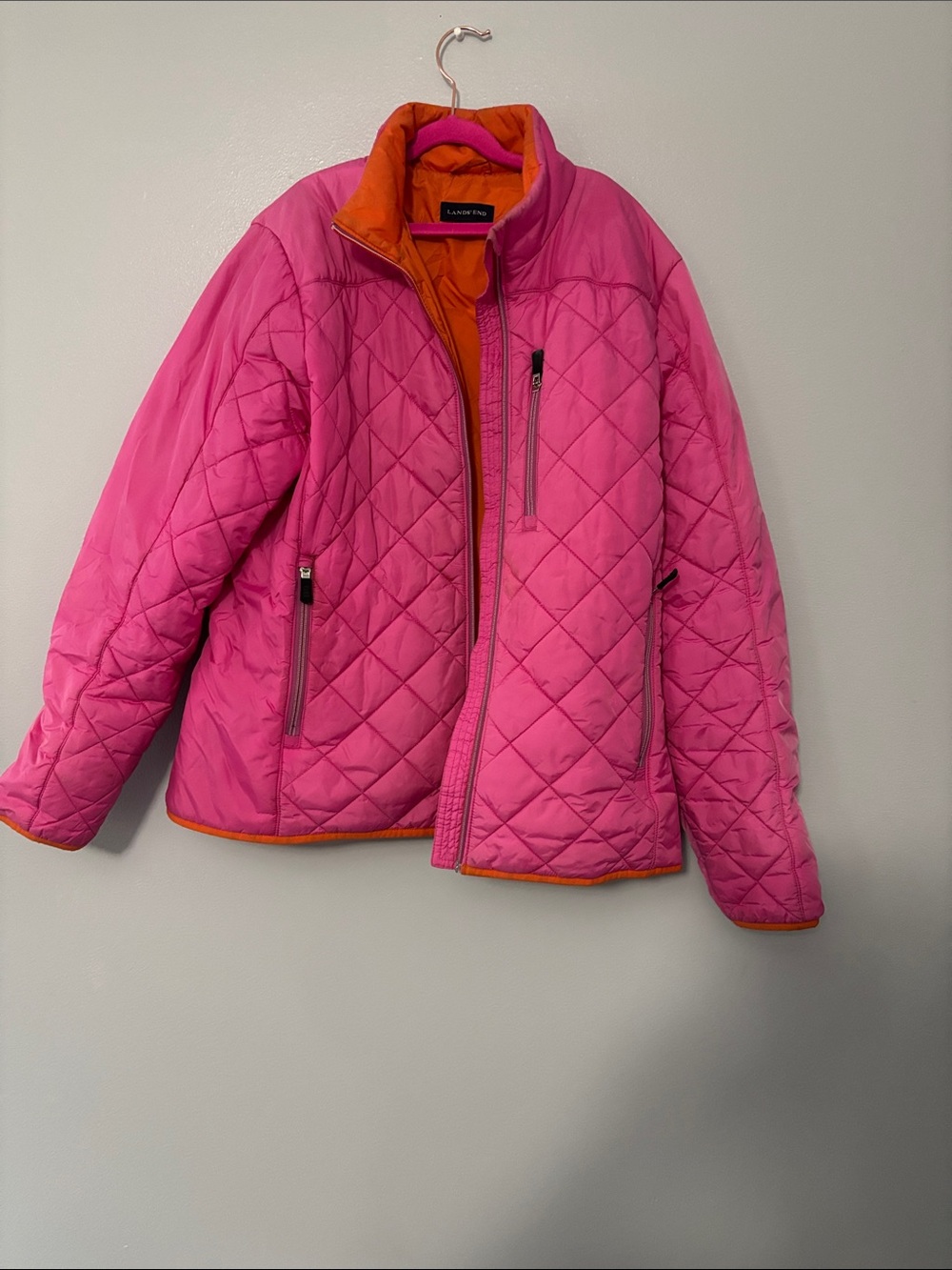 Lands' End Hot Pink Quilted Jacket with Orange Lining